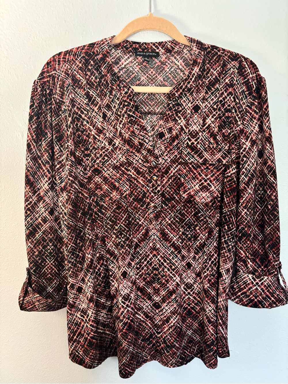 Ava & Grace Black and Pink Abstract Henley Blouse